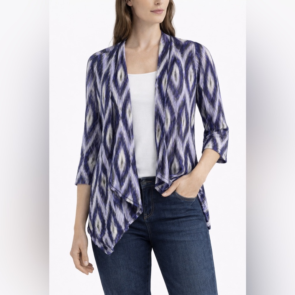 Chico's Cardigan Sweater Womens 0 Small Blue Geometric Open Front Lightweight‎